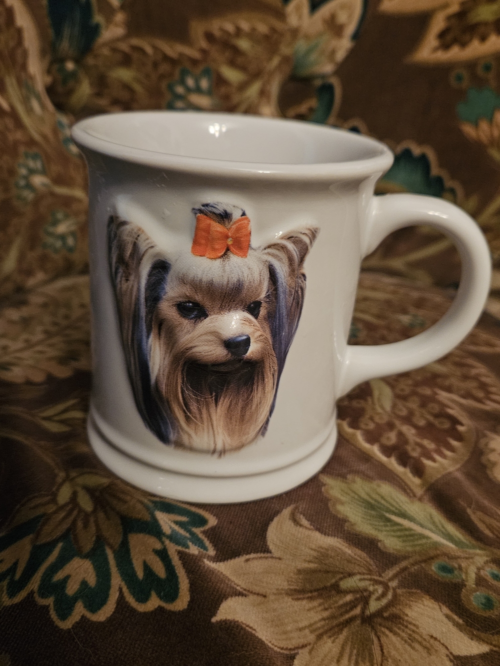 White Ceramic Dog Mug with Yorkie 3D Portrait and Orange Bow Accent